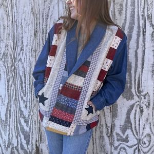 Quilted patchwork jacket womens size med (8-10). Handmade, red, blue and gold .